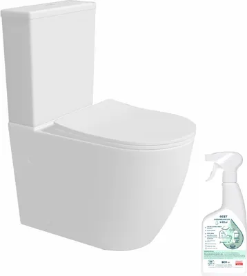 A white toilet and a bottle of cleaning spray on a white background.