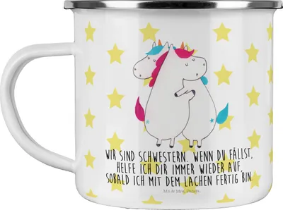 Produktbild von Mr. & Mrs. Panda Teetasse Einhörner Umarmen - Weiß - Geschenk, Familie, blechbecher, Unicorn, Emaille Tasse, becher, BFF, Teebecher, Pott, Liebe, Freundin