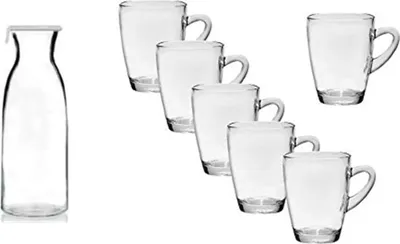 Produktbild von James Premium karaffe mit Deckel + 6 dickwandige Glasbecher/Kaffeebecher/Latte Macchiatogläser, Teebecher aus Glas mit Henkel 300 ml