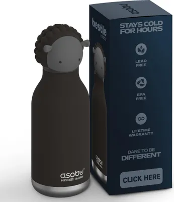 A product shot of a black sheep-themed water bottle next to its packaging.