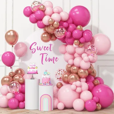 Image de Kit de guirlande de ballons roses et rose gold, comprenant 99 ballons et des confettis de couleur macaron, idéal pour la décoration d'une fête d'anniversaire