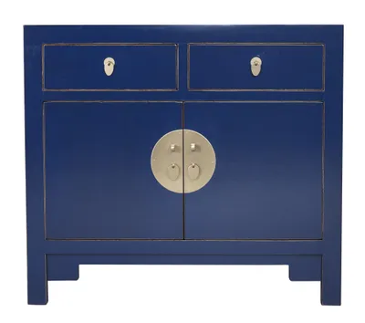 A blue Chinese cabinet with silver hardware, presented against a white background.