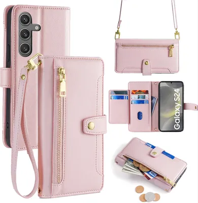 Produktbild von Handykette Samsung Hülle mit Band Handyhülle Kartenfächer Kunstleder Umhängetasche Galaxy S24 Rosa