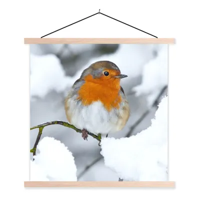 Produktbild von MuchoWow® Textilposter Rotkehlchen - Schnee - Winter 40x40 cm mit holzfarbenen Rahmen - Posterleiste