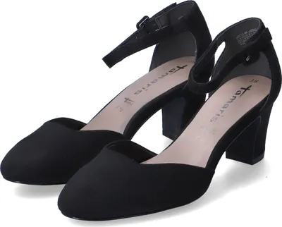 A pair of black Tamaris women's pumps with ankle straps and block heels are shown against a white background.