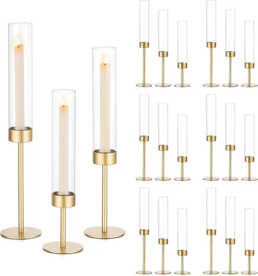 Immagine prodotto di Candele a stelo dorate per matrimonio: 18 candelabri alti con portacandele in vetro, ideali per la decorazione di un matrimonio