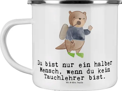 Produktbild von Mr. & Mrs. Panda Pott Tauchlehrer Herz - Weiß - Geschenk, Emaille Becher, Kaffeepott, Tasse, Haferl, Teetasse