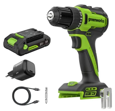 Productafbeelding van Greenworks 24V accu-boormachine met borstelloze motor, model DD335, met een koppel van 35 Nm, inclusief 2Ah accu