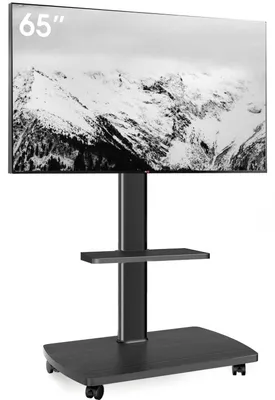 Obrázok produktu pre Stojan na televízor, kolieska, drevená odkladacia plocha, pre televízory 32-65 palcov, nastaviteľná výška, otočný, nosnosť 40 kg, štandard VESA 400x400 mm