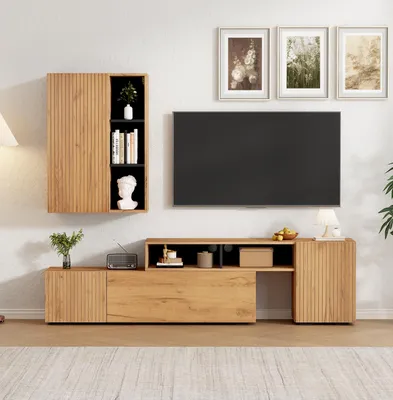 Produktbild von Merax TV Wohnwand-Set, Vitrine, TV-Board und Standregal, bis 120' TV, flexibel bis 265 cm, Holzfarbe+Schwarz, modernes Wohnzimmermöbel