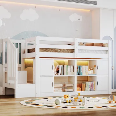 Imagen del producto de Cama alta para niños Merax, 90x200 cm, cama superpuesta con escalera, espacio de almacenamiento, armarios, estanterías e iluminación LED, cama para niños, color blanco