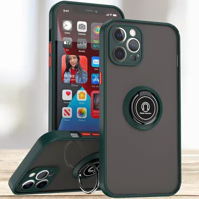 Obrázek produktu pro Pouzdro pro iPhone 12 Pro matné průsvitné TPU pouzdro s prstencovým držákem a stojánkem tmavě zelená