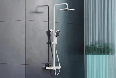 Produktbild von Duschsystem mit Thermostat BS371 Weiß matt, Regendusche Duschsystem, Duschbrause mit Anti-Kalk-Düsen, Höhenverstellbare Duschstange Farbe Weiß/Schwaz