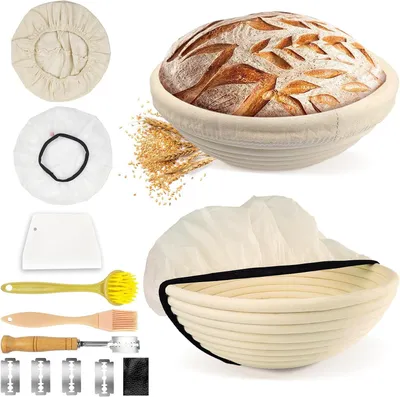 Image de Panier en osier pour le pain - Ensemble de paniers de boulanger - Pour la fabrication de pain - Complet avec accessoires - Diamètre : 23 cm - Naturel