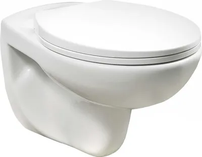 A white wall-mounted toilet with a closed lid, shown from a slightly angled front view against a white background.