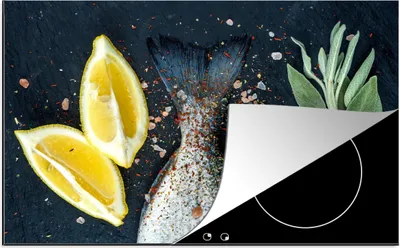 Produktbild von KitchenYeah© Herdabdeckplatte Fisch - Zitrone - Kräuter , 76x51cm, Küche Deko, Glaskeramikkochfeld Herdabdeckung, Abdeckplatte fùr Kochfeld