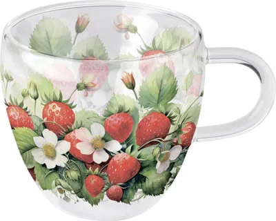 Produktbild von Tasse 10cm Glas doppelwandig 0,2L mit Erdbeerblüten Motiv