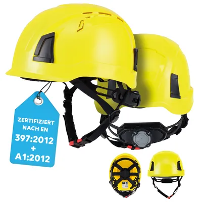 Produktbild von PRO FIT Arbeitsschutzhelm D!-Rock – Robuster Schutzhelm, Sicherheitshelm, Belüfteter Bauhelm, Anpassbares Kopfband & Kinnriemen, Arbeitshelm -Neongelb