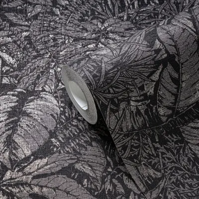 Produktbild von Dschungel-Tapete Schwarz Silber – Vliestapete mit Pflanzen Motiv matt strukturiert livingwalls (KG-174767)