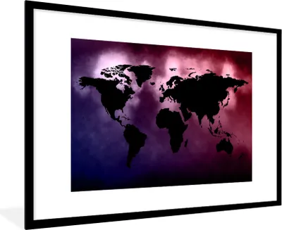 Produktbild von MuchoWow® MuchoWow® Gerahmtes Poster Weltkarte - Schwarz - Rosa 90x60 cm - Poster mit zchwarzem Bilderrahmen - Wanddekoration - Fotos
