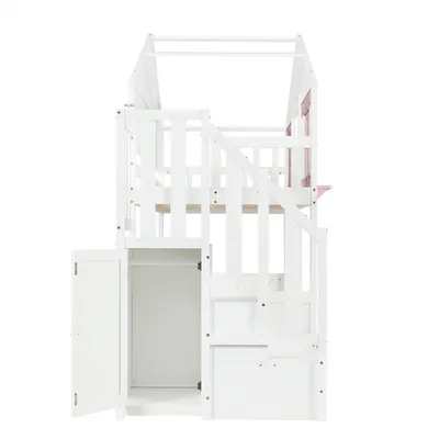 Produktbild von Merax Etagenbett 90x200cm mit Rollbett und Fenster, Hausbett mit Dreistufiger Treppenaufbewahrung und Kleiderstange, Kinderbett aus Holz, Weiß + Rosa