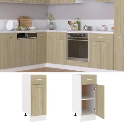 A kitchen scene with cabinets and appliances, and below it, two separate images of a kitchen cabinet.