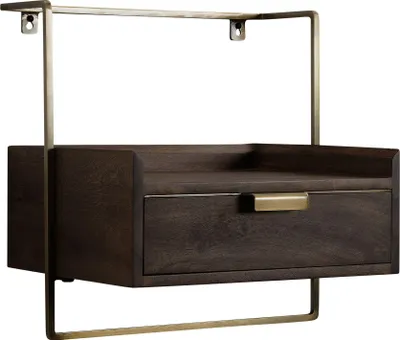 Nachtkonsole Wandmontage Mango Massivholz Dunkelbraun mit Schublade in Gesamtansicht, Holzkorpus mit metallgestell.