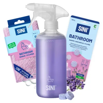 Produktbild von SINI Bad Spray Bundle – 3-teiliges Set – Sprühflasche mit 2 Tabletten, Nachfüllpackung mit 2 Tabletten & Mikrofasertuch – Badreiniger mit Lavendelduft gegen Kalk und Rost auf Badoberflächen