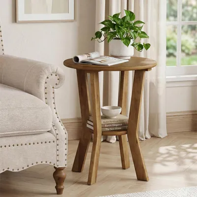 Produktbild von Runder Beistelltisch mit Ablage 48 cm Holz 2-stufig Vintage-Landhausstil Walnussfarben