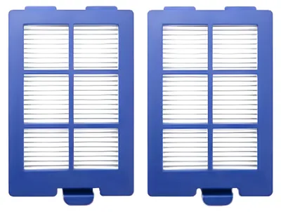Two blue vacuum cleaner filters are shown side-by-side on a white background.