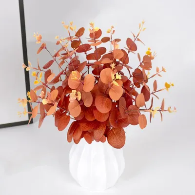 Image de 30 fleurs d'eucalyptus artificielles pour l'automne, 31 cm, fleurs d'automne artificielles, branches d'eucalyptus artificielles, fleurs d'automne artificielles orange, branches décoratives, feuilles d'automne, décoration d'automne (orange)