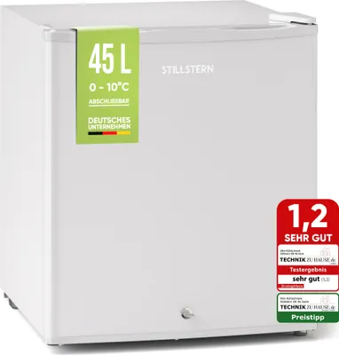 Produktbild von Stillstern Mini Kühlschrank E 45L mit Abtauautomatik, Schloss, Frostfach, Leise, Ideal für Küche, Büro, Schlafzimmer, Hotels und kleine Wohnungen Kühlschrank klein Minibar Getränkekühlschrank