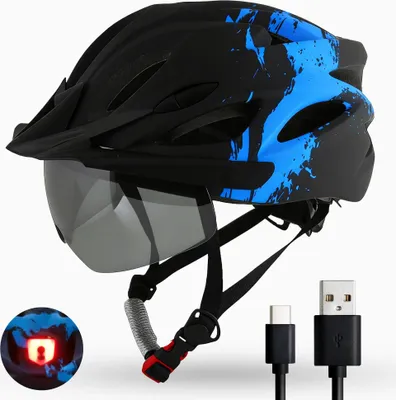 Produktbild von Fahrradhelm H085 Urban mit LED-Rücklicht & Magnet-Sonnenbrille Visier – City Helm für Damen & Herren – 54-61cm – Ultraleicht 245g Schwarz Blau Radhelm