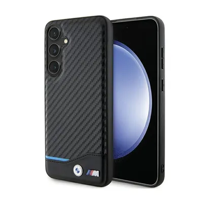 A smartphone case with a carbon fiber texture and BMW branding, shown from the back and side.