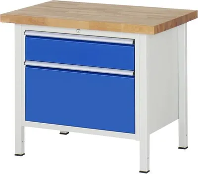 Produktbild von Werkbank mit 2 XL Schubladen - Teilauszug - 180:1 / 360:1 - höhenverstellbar 840-1.040 mm - 1.000 x 700 mm (BxT) - Traglast 1.250 kg - Buche