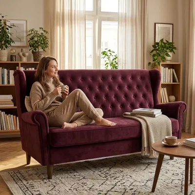 Produktbild von Schlafsofa DIANA Royal – Gesteppt, Velours in Bordeaux, Family Meble, KI-generiertes Bild