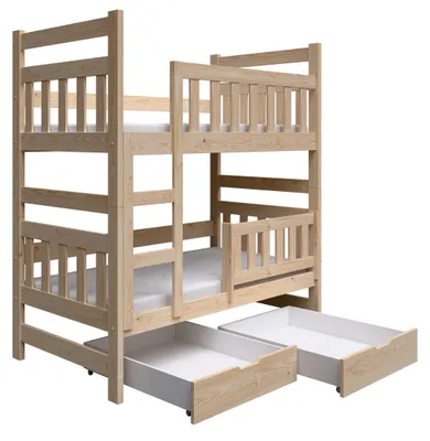 Produktbild von Masseno Etagenbett DINOS 80x160 cm mit Schublade, Rausfallschutz, Kinderbett mit Leiter für Mädchen und Jungs, Stockbett, Kieferfarben