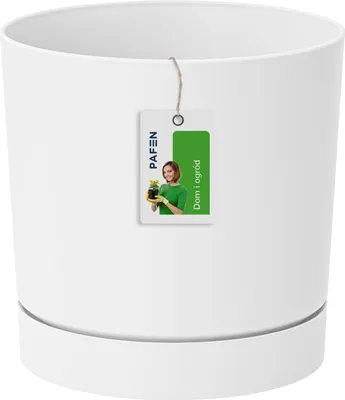 A white planter with a tag showing a woman holding a plant.