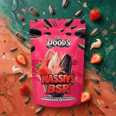 Produktbild von Dr. Doods Massiv’s BSR Sonnenblumenkerne Erdbeereis 100 g – Geröstete Sonnenblumenkerne mit Erdbeereis-Geschmack + Heartforcards Versandschutz