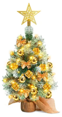 Image de Mini sapin de Noël ISOISL, 40 cm, couleur or, avec 30 LED, base en bois et décorations de Noël, idéal pour la décoration de table