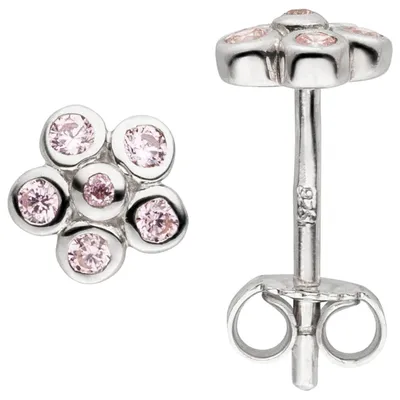 Produktbild von Ohrstecker Blume Blumen aus 925 Silber mit 12 Zirkonia rosa Ohrringe Ohrschmuck