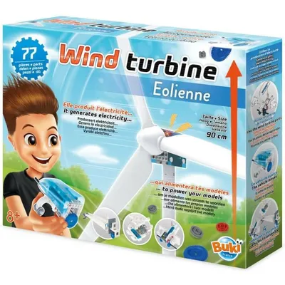 The image shows the packaging of a Buki Windmühle Energie Lernspielzeug, a wind turbine energy learning toy. The packaging features a cartoon illustration of a boy holding a tool, a diagram of the wind turbine, and text describing its features and benefits