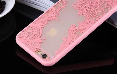 Close-up of a pink iPhone case with a lace-like mandala pattern.