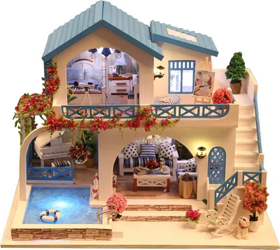 Obrázok produktu pre DIY Dollhouse Miniature Kit Blue a White Town Handmade Villa Model Ornaments K-015