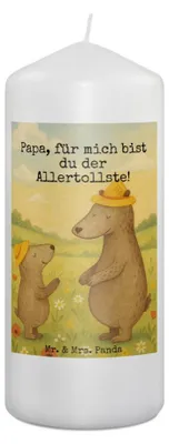 Produktbild von Mr. & Mrs. Panda Kerze Bären mit Hut Design 19 x 8 cm - Weiß - Geschenk, Erinnerungslicht, Vatertag, Papa, Stumpenkerze, Kinder, Muttertag, Familie, Bedruckte, Wachskerze