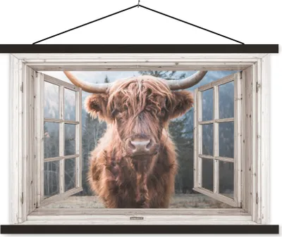 Produktbild von MuchoWow® Textilposter Schottisches Hochlandrind - Kuh - Berg - Aussicht 60x40 cm mit schwarzem Rahmen - Hölzernes
