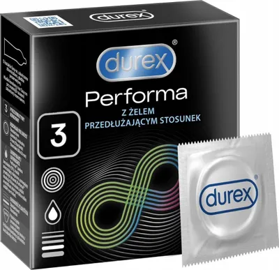A box of Durex Performa condoms with one condom in its wrapper shown in front.