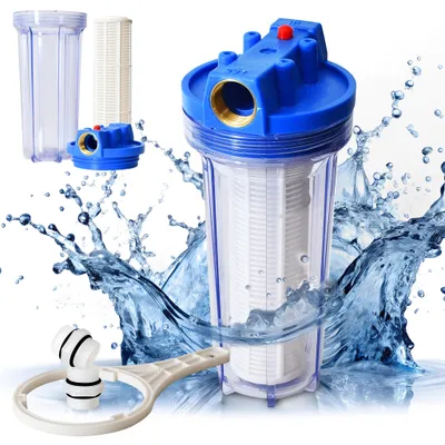 A water filter system with a transparent housing, blue cap, and white filter element, surrounded by water splashes.