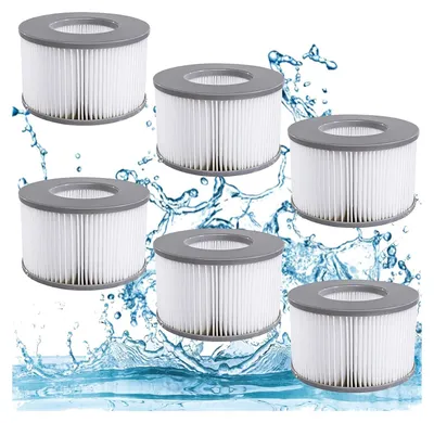 Six white cylindrical water filters with gray tops are arranged in a staggered pattern, with water splashes and ripples in the background.