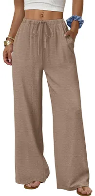 Produktbild von ASKSA Damen Sommerhose Weite Bein Hose Sommer Einfarbig Elegante Lose Leicht Freizeithose mit Taschen (Khaki,L)